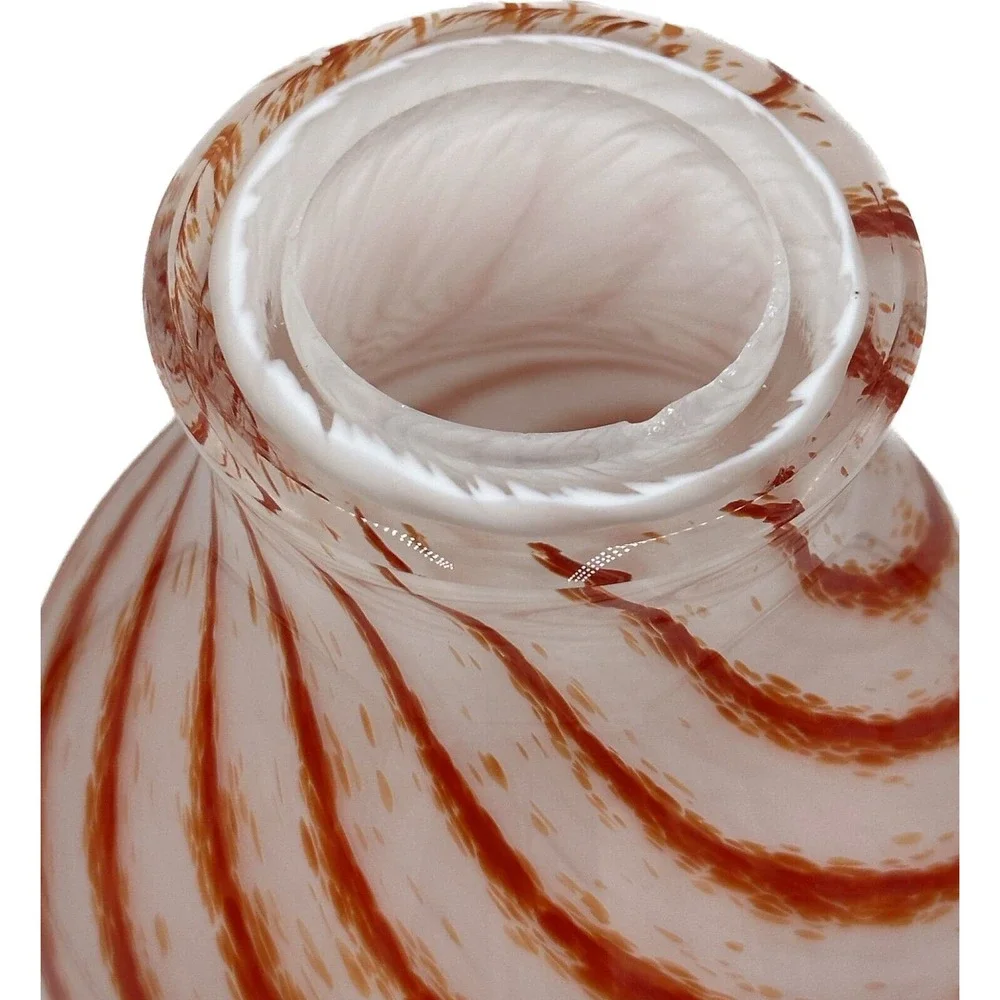 Vtg MCM Art Glass Vase White Burnt‎ Orange Swirl Design Opaline? 12